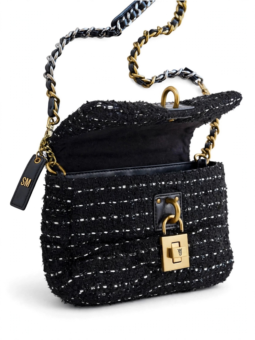 Black Tweed Chain Shoulder Bag with Mix Metal Hardware